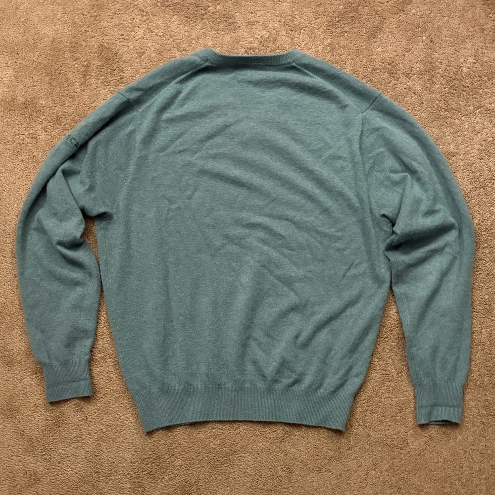 Peter Millar 100% Pure Cashmere Sweater V-Neck Pullover Green Men's Large &Patch - Picture 3 of 4